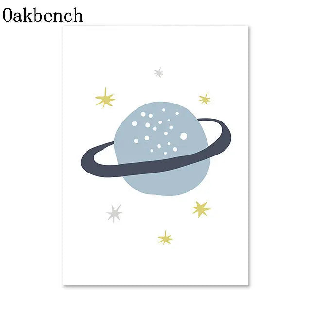 Blue Planet Art Painting, Spaceship, Star Moon Wall Pictures, Rainbow Nursery Wall Posters