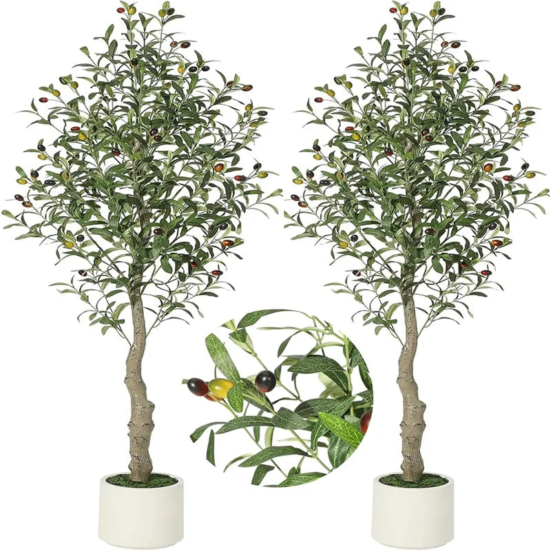2 Pack Faux Olive Tree Tall, Artificial, Indoor, White Planter, Green Moss