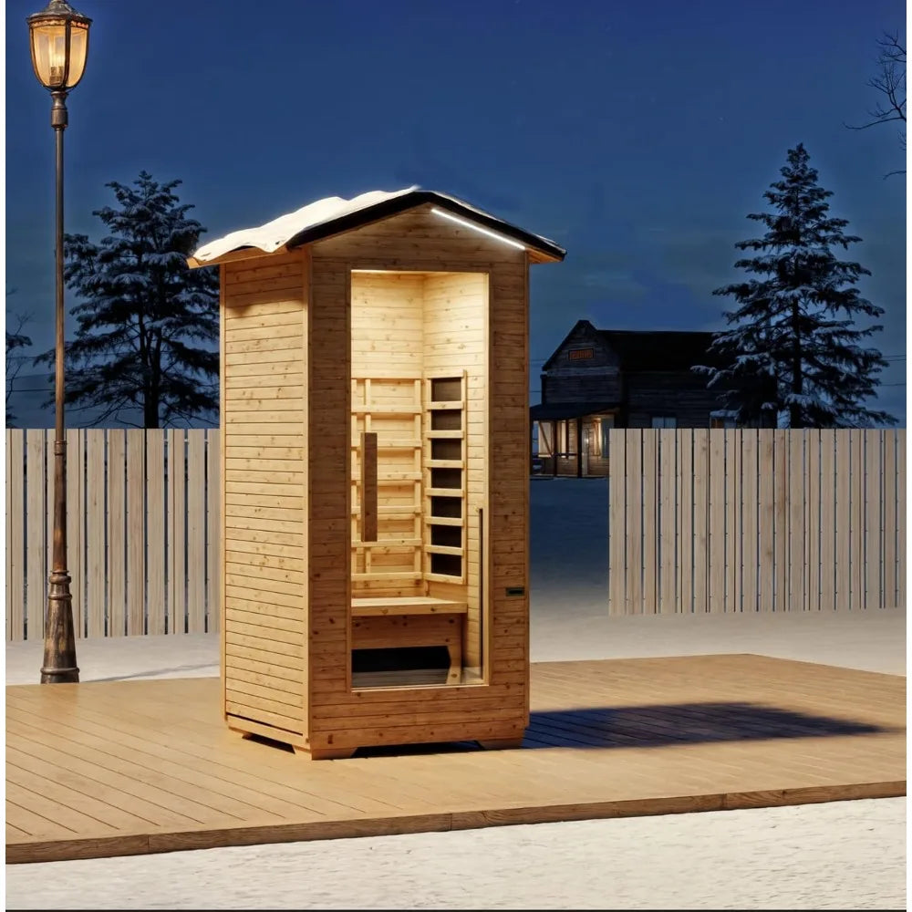 1-Person Outdoor Infrared Wooden Sauna, 3-D Fast Heating Home Spa, Chromotherapy Light