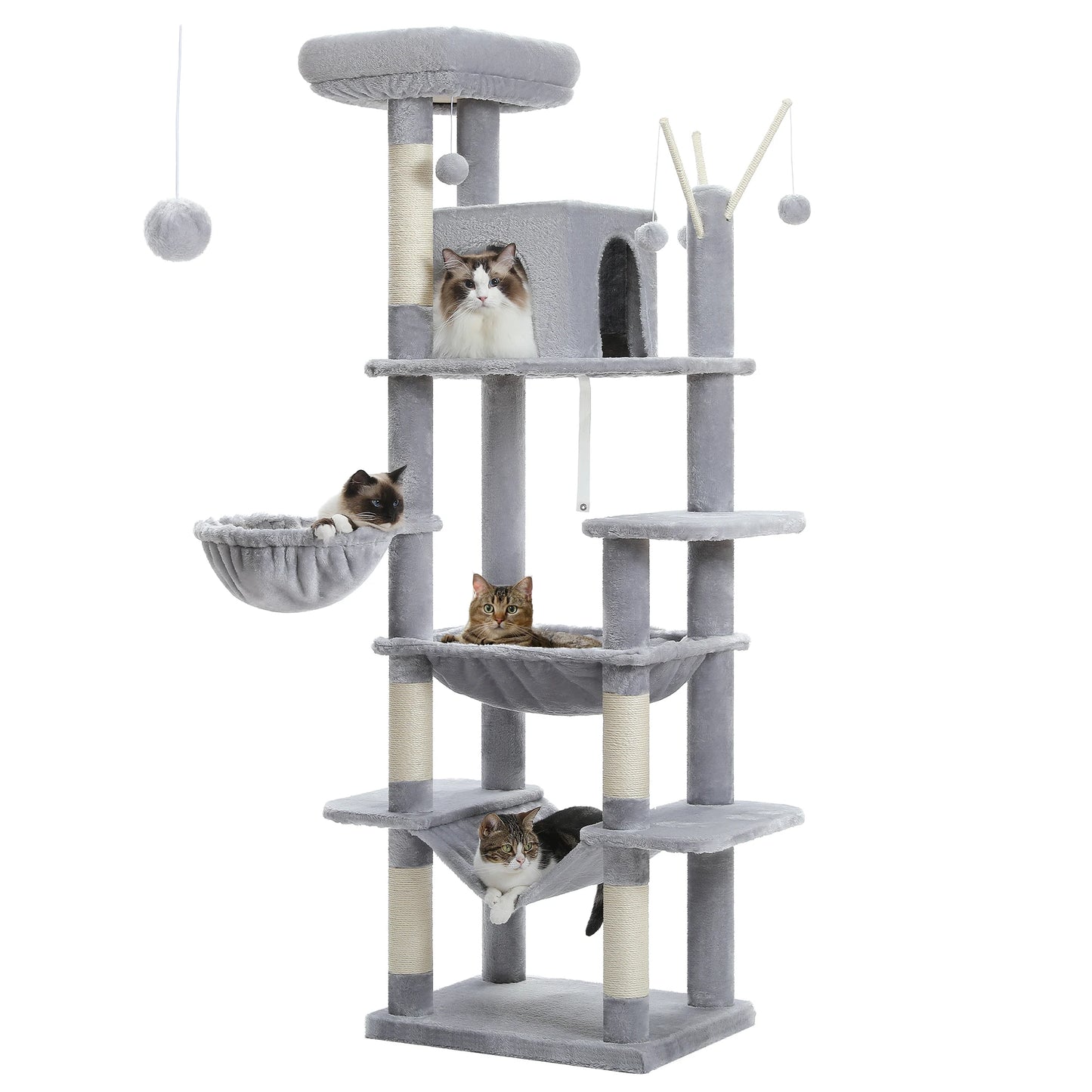 Tall Cat Tower for Indoor Cats, Multi-Level Plush Condo with Scratching Posts, Perches, Caves
