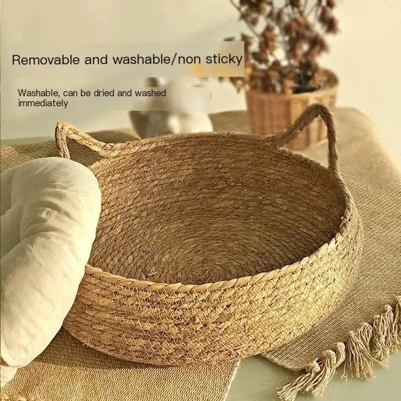 Pure Hand-Woven Rattan Cat Nest, Universal Warm Pad, Removable, Washable