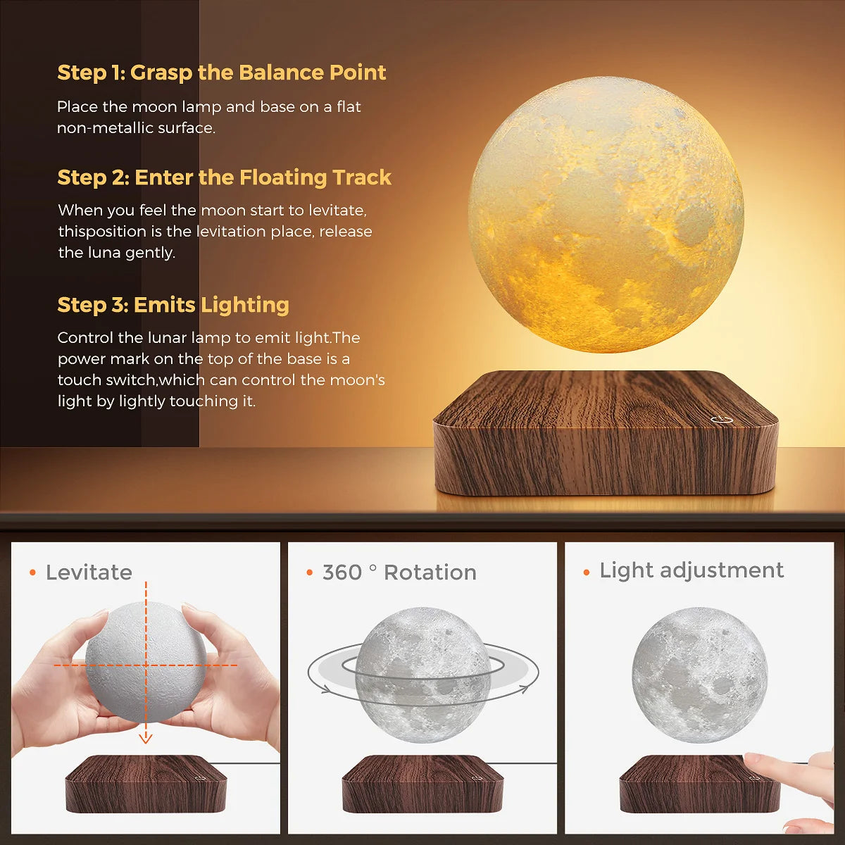 Magnetic Floating Rotating Moon Lamp, Wooden Base, 3 Color Temperature LED Night Lights