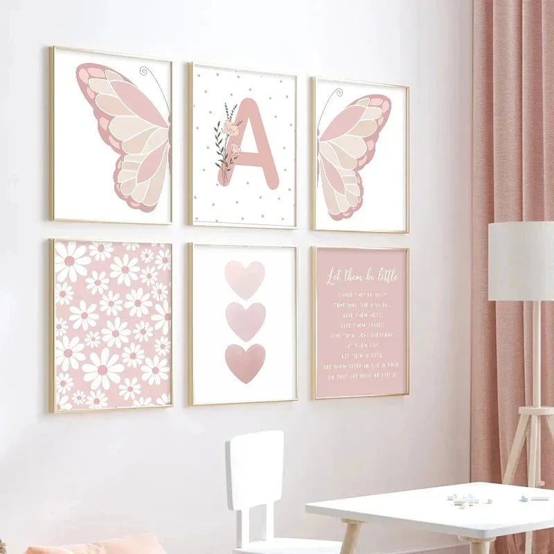 Pink Butterfly Wall Art Nursery, Canvas Prints, Painting, Sun/Rainbow/Daisy/Heart Posters