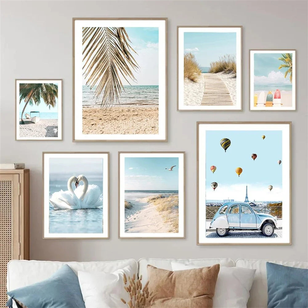 Summer Sea Beach, Coconut Tree, Surfboard Posters And Prints, Seagull Swan Wall Art, Canvas Painting