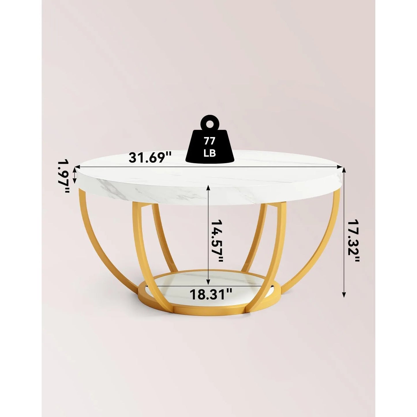 32" Circle Marble Coffee Table, 2-Tier Golden Metal Legs Accent Center Table