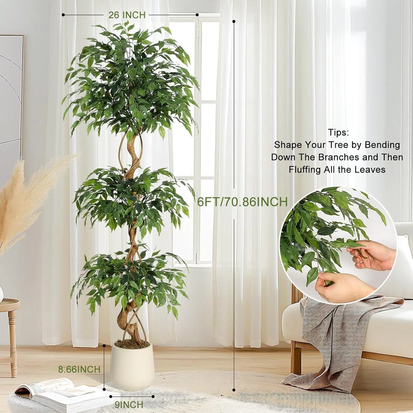 Ficus Tree Artificial, Indoor, White Pot