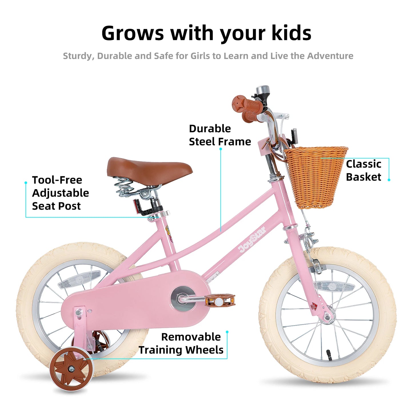 Girl's Bike for Ages 2-12, 12" 14" 16" 20", Training Wheels, Basket & Kickstand, Retro Style