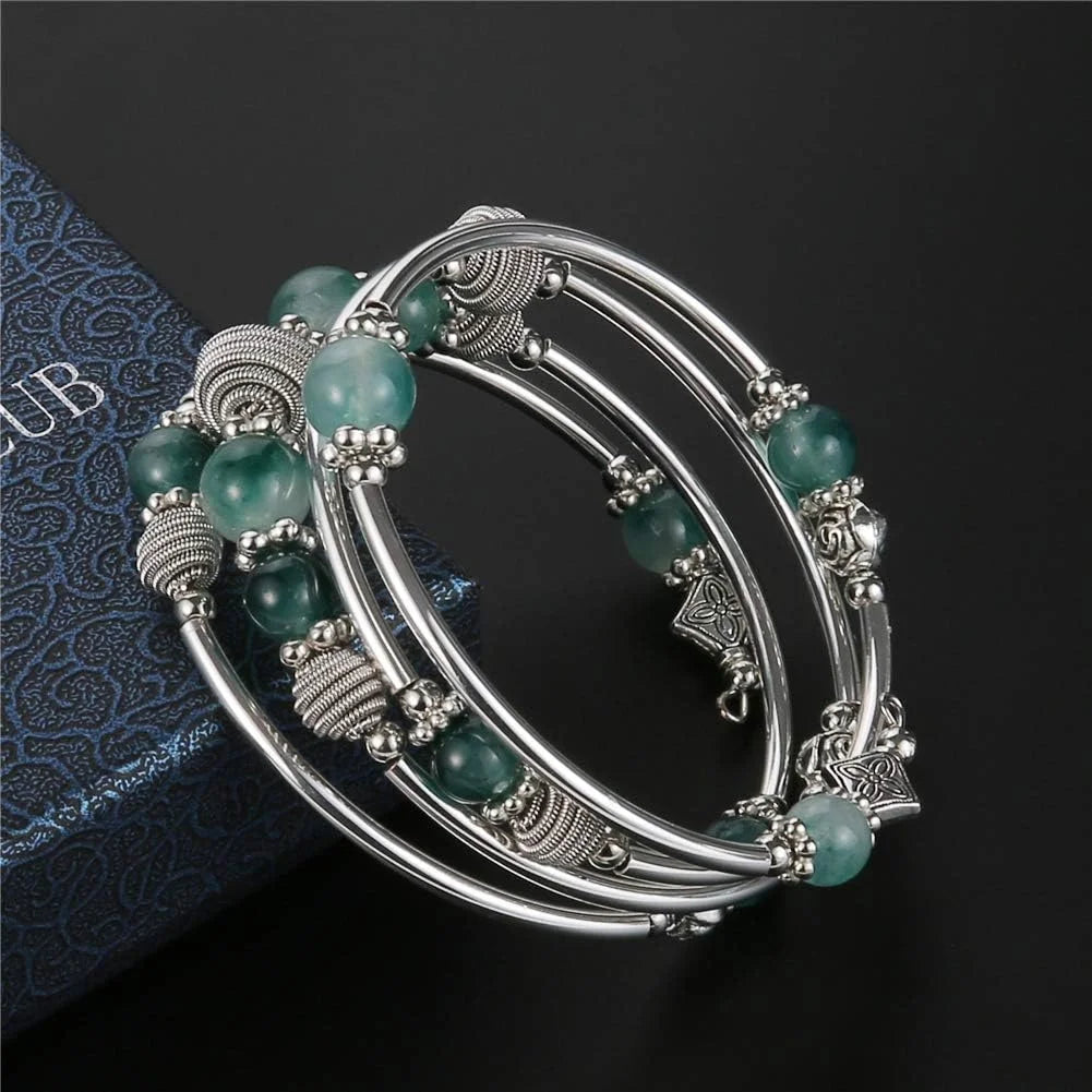 Beaded Chakra Bangle Turquoise Bracelet , Thick Silver Metal and Mala Beads