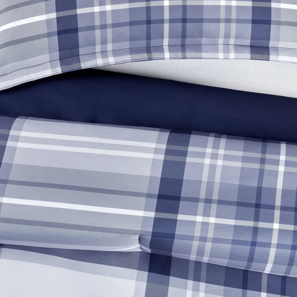 7-Piece Full Bedding Set, Antimicrobial, Stain Resistant, Hypoallergenic Polyester, Blue Plaid Bed-in-a-Bag Comforter Sheet