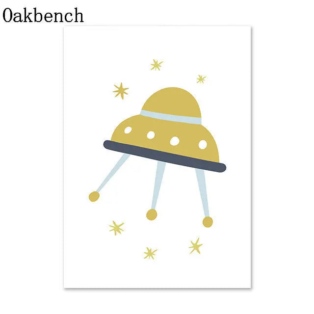 Blue Planet Art Painting, Spaceship, Star Moon Wall Pictures, Rainbow Nursery Wall Posters