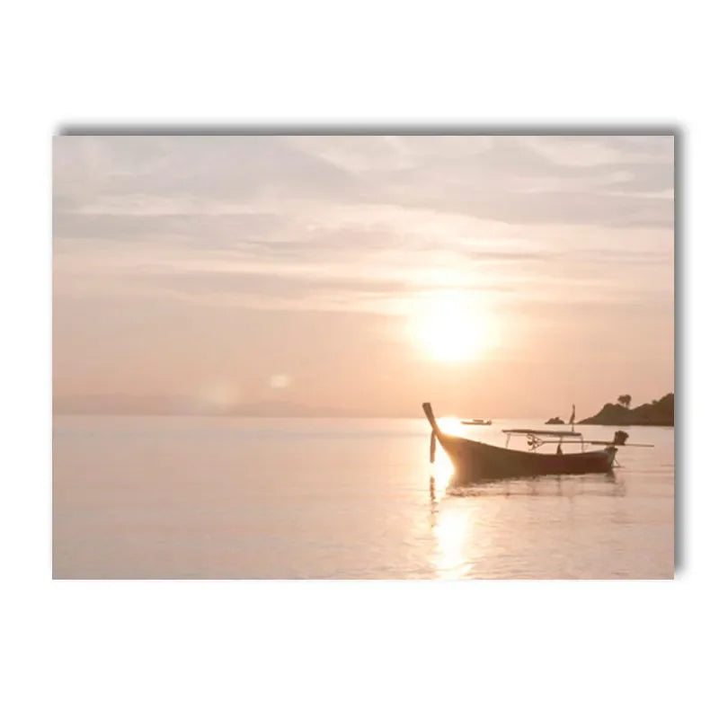 Sunset Sea Lake Boat Bridge Canvas Painting, Seagull Beach Poster, Beige Leaf Reed Wall Art Print