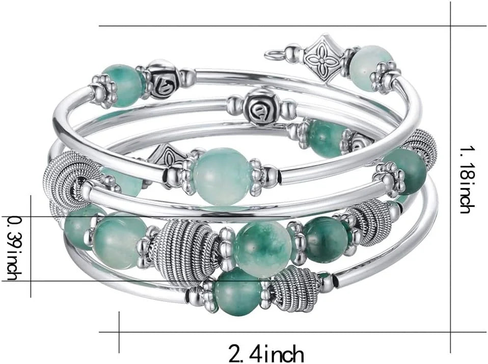 Beaded Chakra Bangle Turquoise Bracelet , Thick Silver Metal and Mala Beads