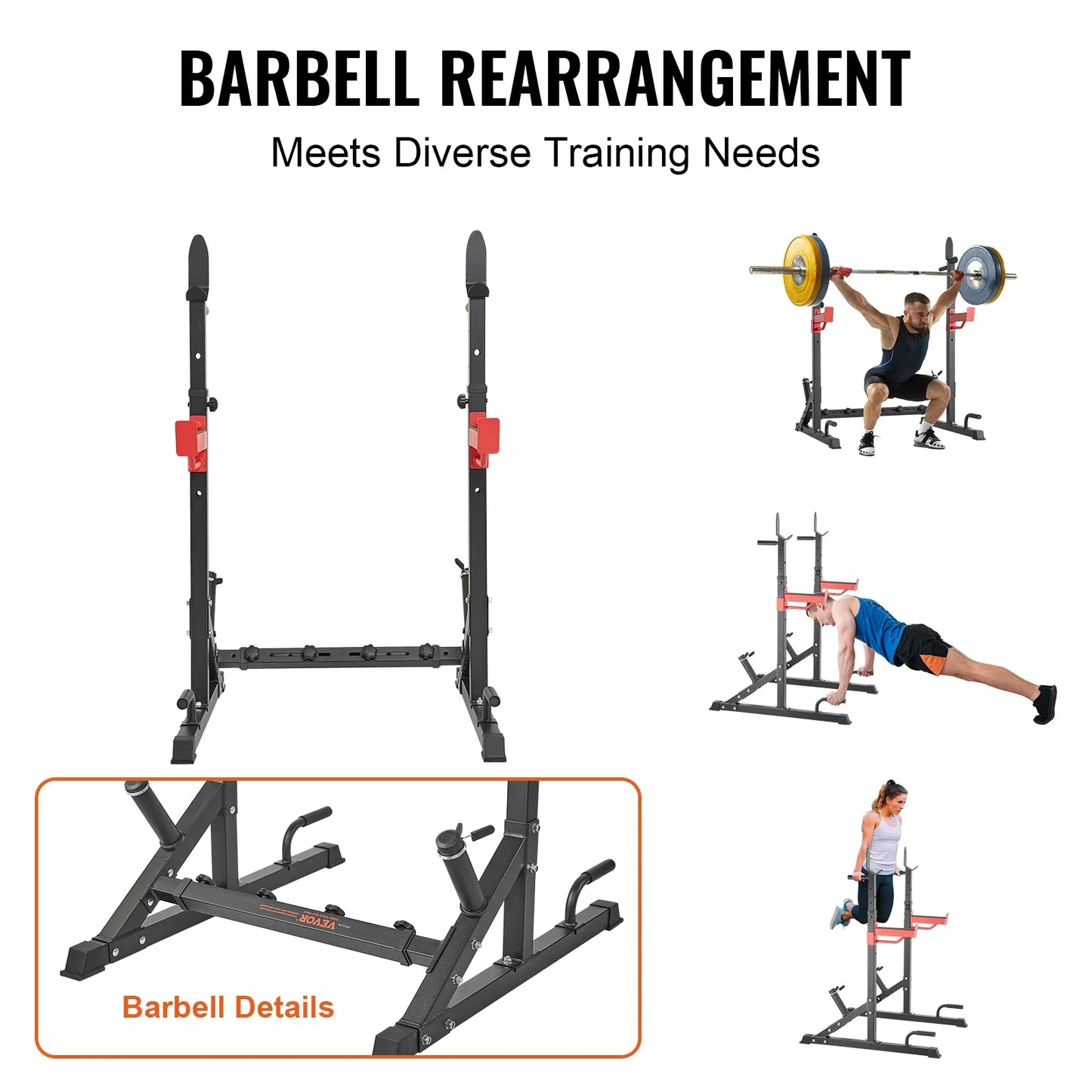 Squat Stand, Multifunctional, Barbell Rack with Hook, Weight Plate Storage, Free Bench Press Stands