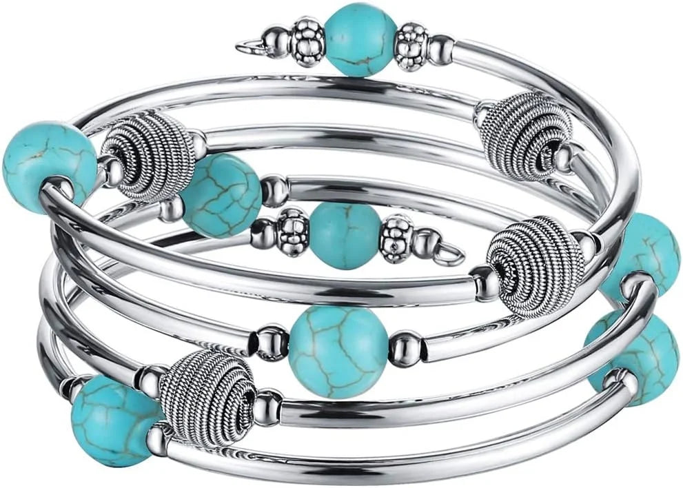 Beaded Chakra Bangle Turquoise Bracelet , Thick Silver Metal and Mala Beads