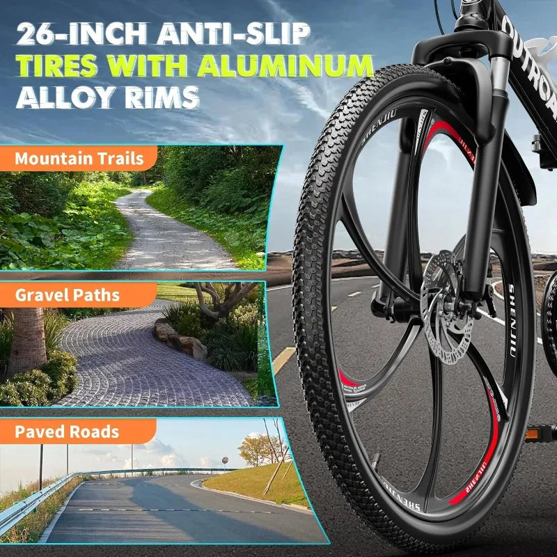 26 Inch Folding Mountain Bike, 21 Speed Full Suspension, High-Carbon Steel, Dual Disc Brake, Non-Slip Quick