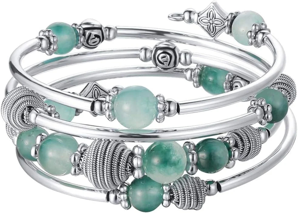 Beaded Chakra Bangle Turquoise Bracelet , Thick Silver Metal and Mala Beads