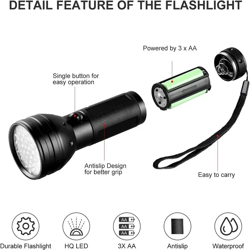 UV Flashlight, Black Light Waterproof, Home & Hotel Inspection, Pet Urine Detector