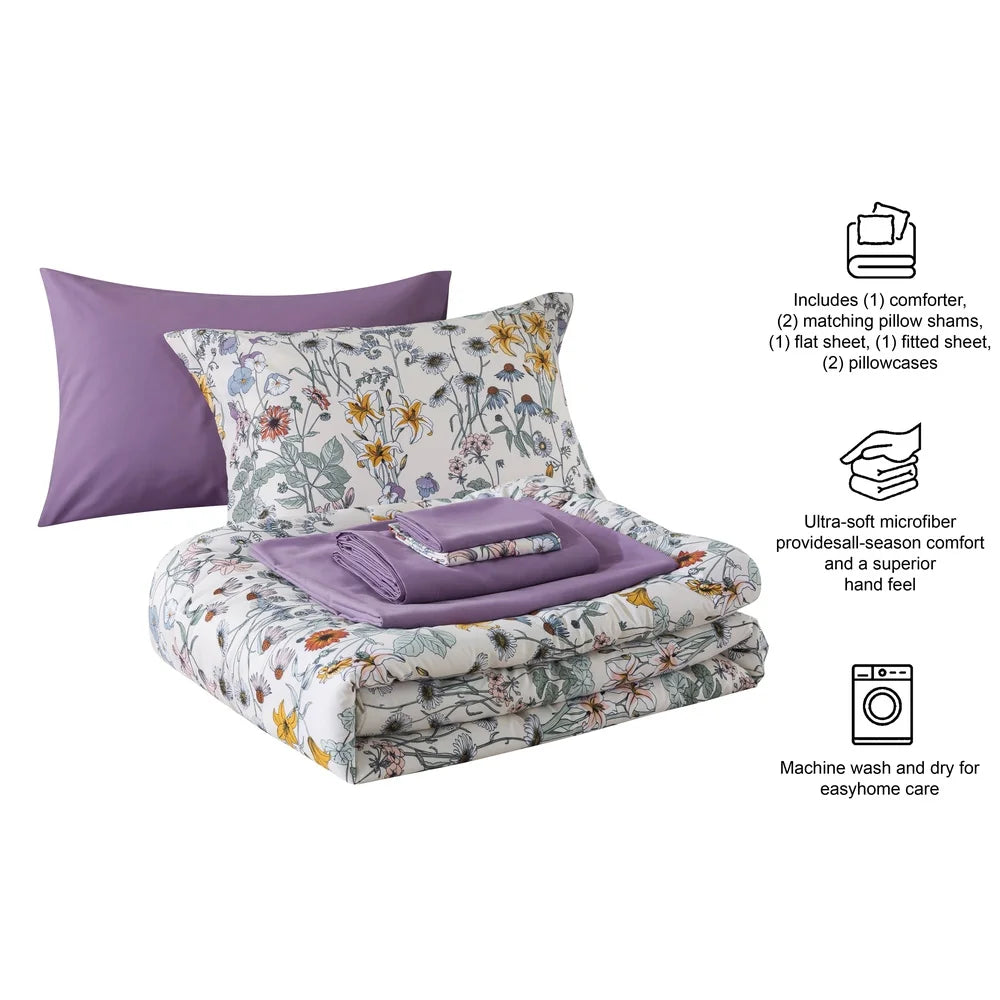 7-Piece Reversible Comforter Set, Floral Print Sheets, Soft Polyester King Bedding Includes Pillowcases, Shams, Storage Bag