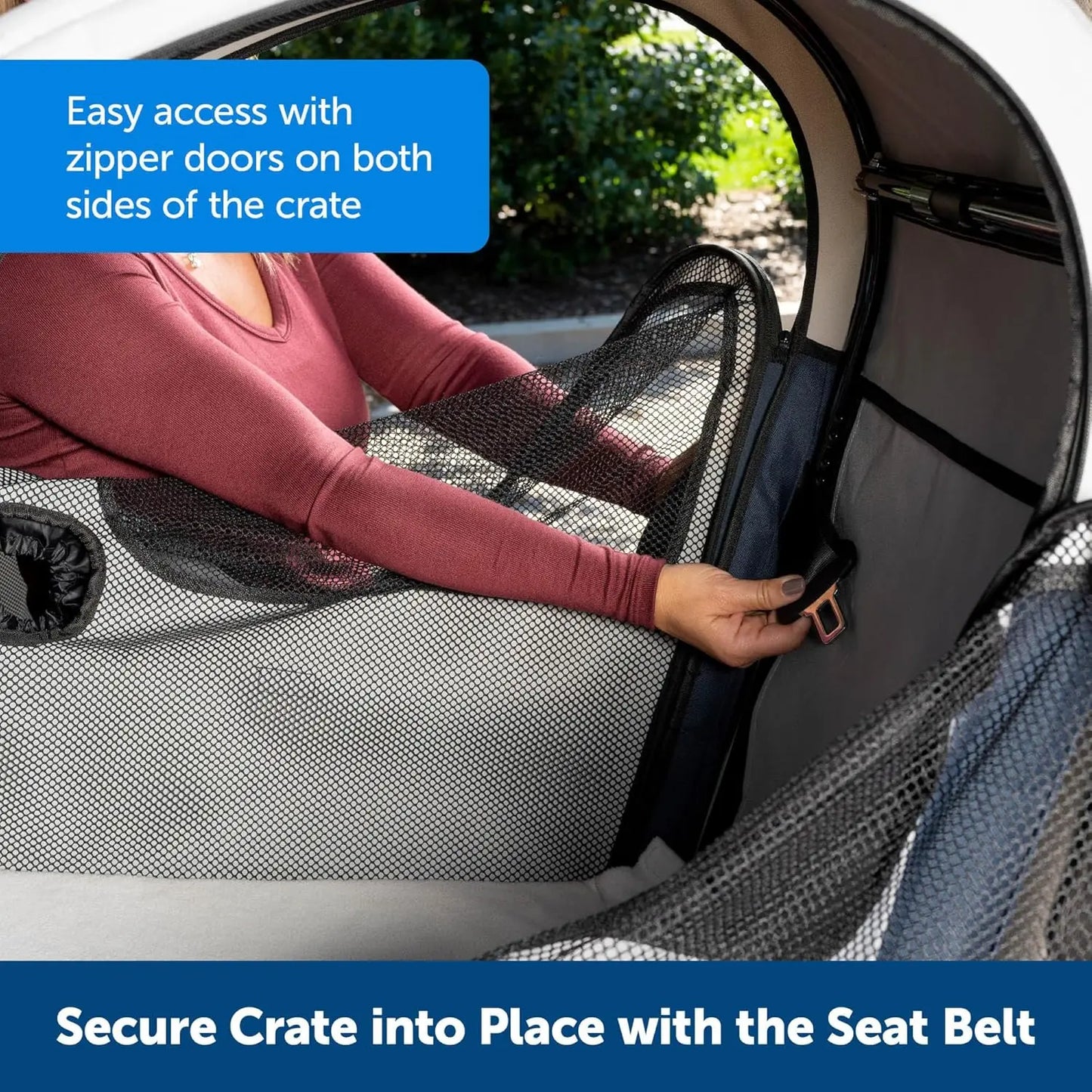 Portable Pet Crate for Car, Folds Down for Storage, Secures with Headrest Strap and Seatbelt,