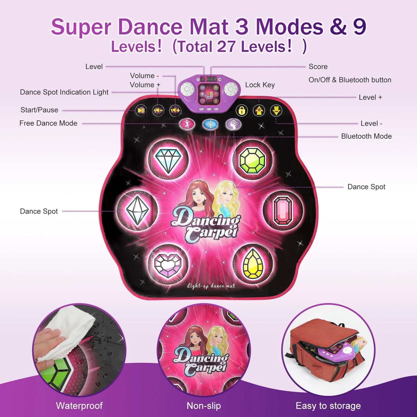 Outdoor Dance Mat, 27 Levels, 6 LED Keys Light Up, Bluetooth, Ages 3~8 Years Old
