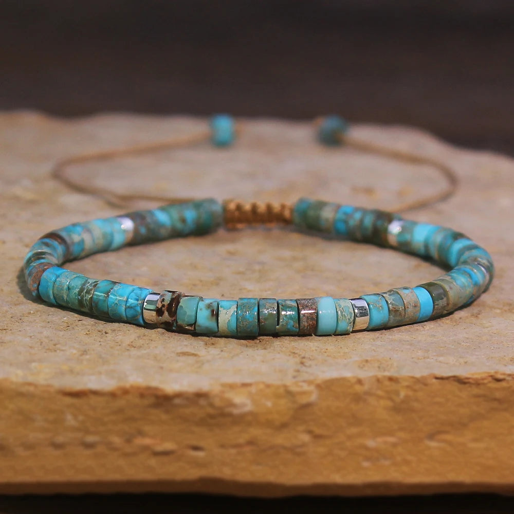Natural Turquoise Stone Beads, Woven Bracelet, Adjustable Rope