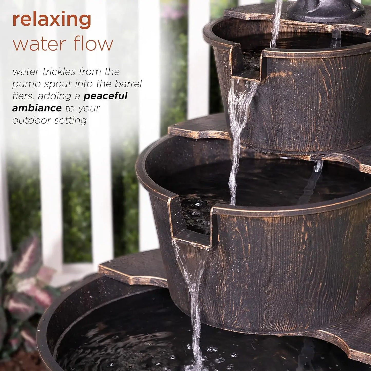 Outdoor Floor Tiered Rustic Pump And Barrel Water Fountain, Old-Fashioned Waterfall, 40", Brown