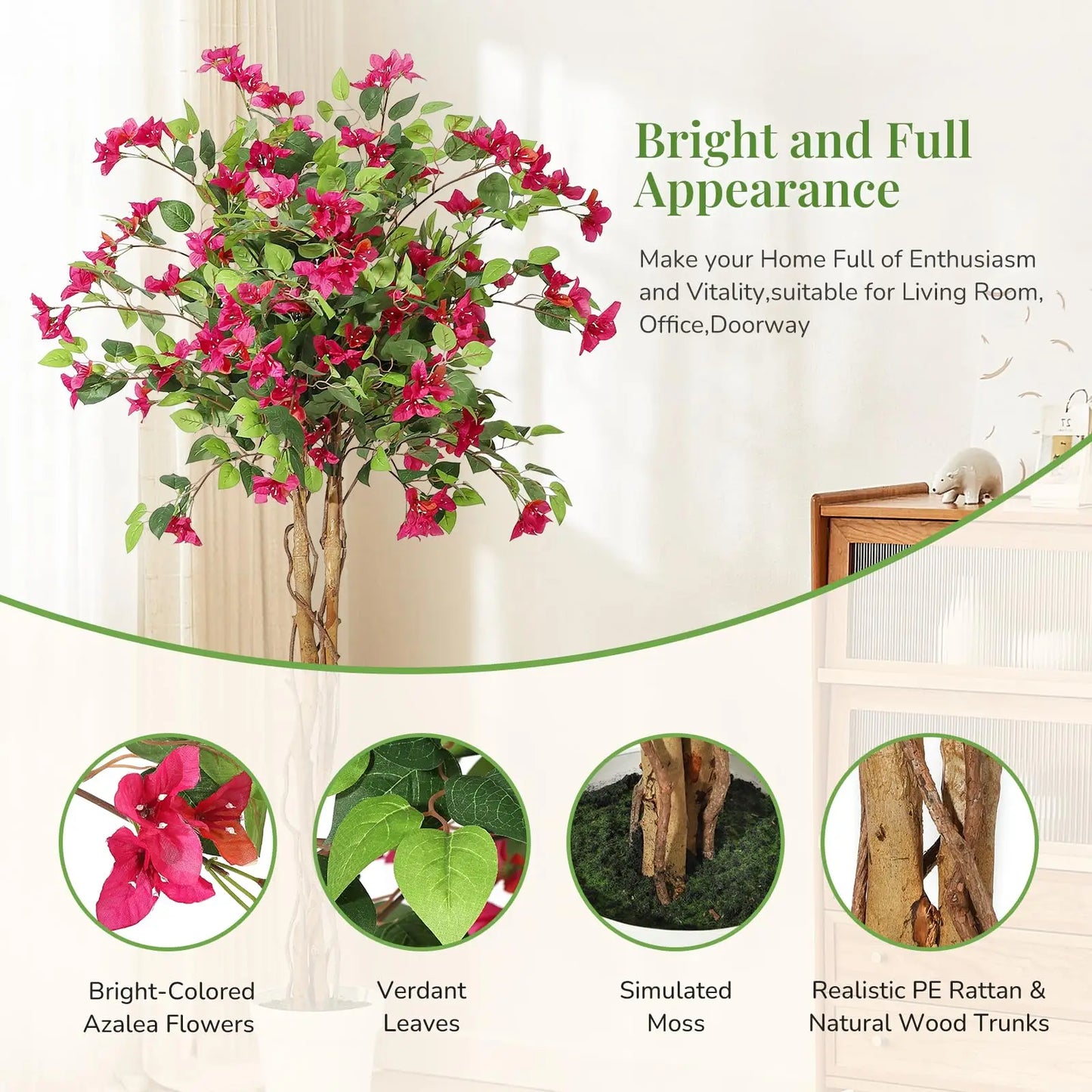 Artificial Bougainvillea Flower Tree, Indoor, White Pot, Home Decoration