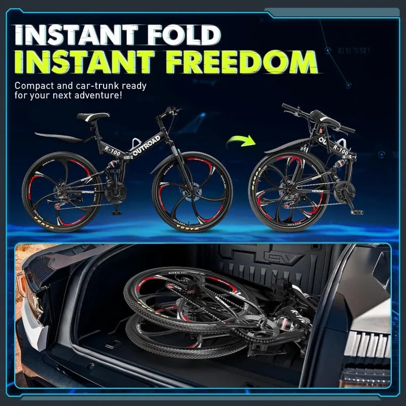 26 Inch Folding Mountain Bike, 21 Speed Full Suspension, High-Carbon Steel, Dual Disc Brake, Non-Slip Quick