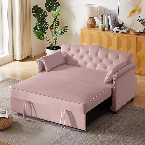 65'' 3-in-1 Folding Convertible Queen Size Pullout Sofa Bed, Modern Chenille Fabric, 360° Swivel Side Table