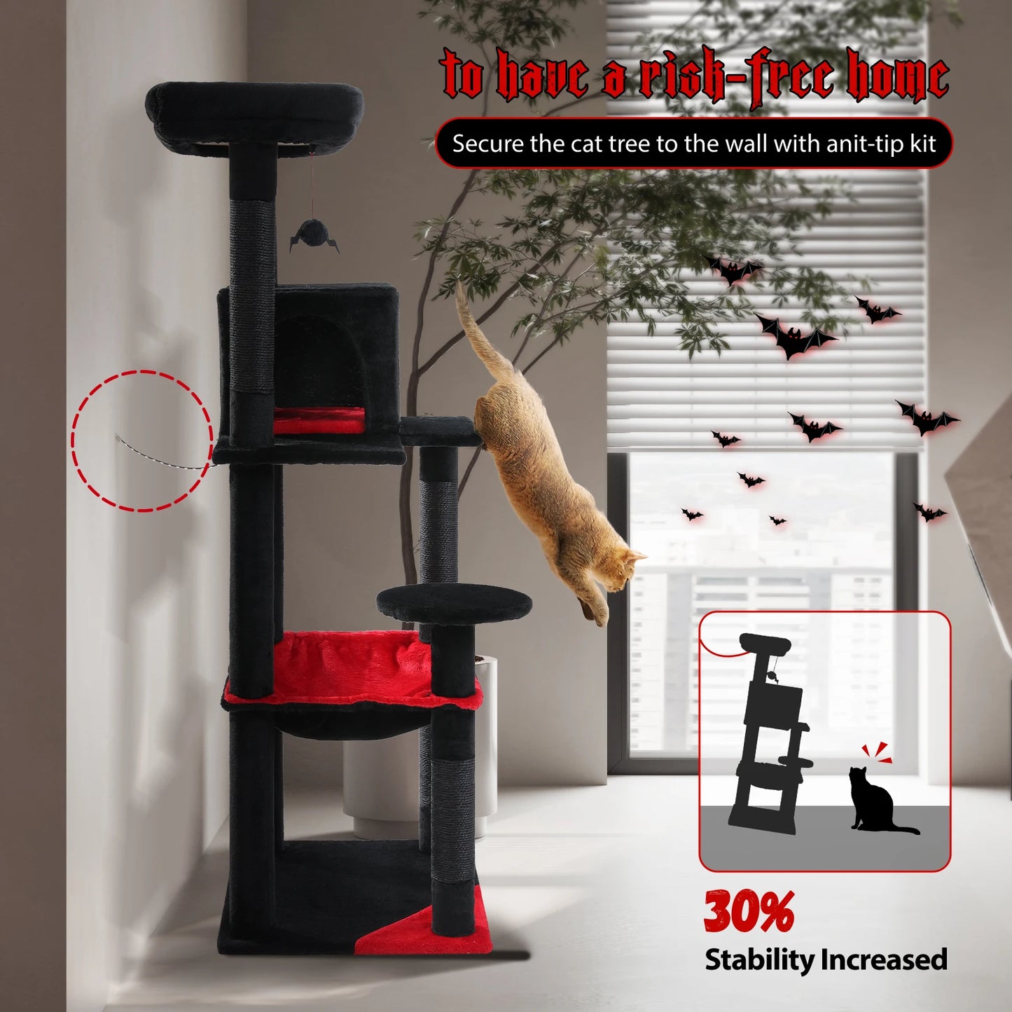 Cat Tree Suitable for 2-3 Cats with Large Hammock, Sisal Scratch Posts, Cozy Condo and Top Perch
