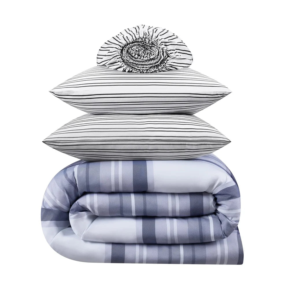7-Piece Full Bedding Set, Antimicrobial, Stain Resistant, Hypoallergenic Polyester, Blue Plaid Bed-in-a-Bag Comforter Sheet