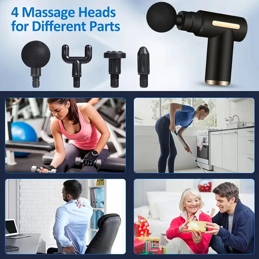 Mini Fascia Massage Gun Electric Massager Body Relaxation Belt 4 Replaceable Heads Fitness Equipment