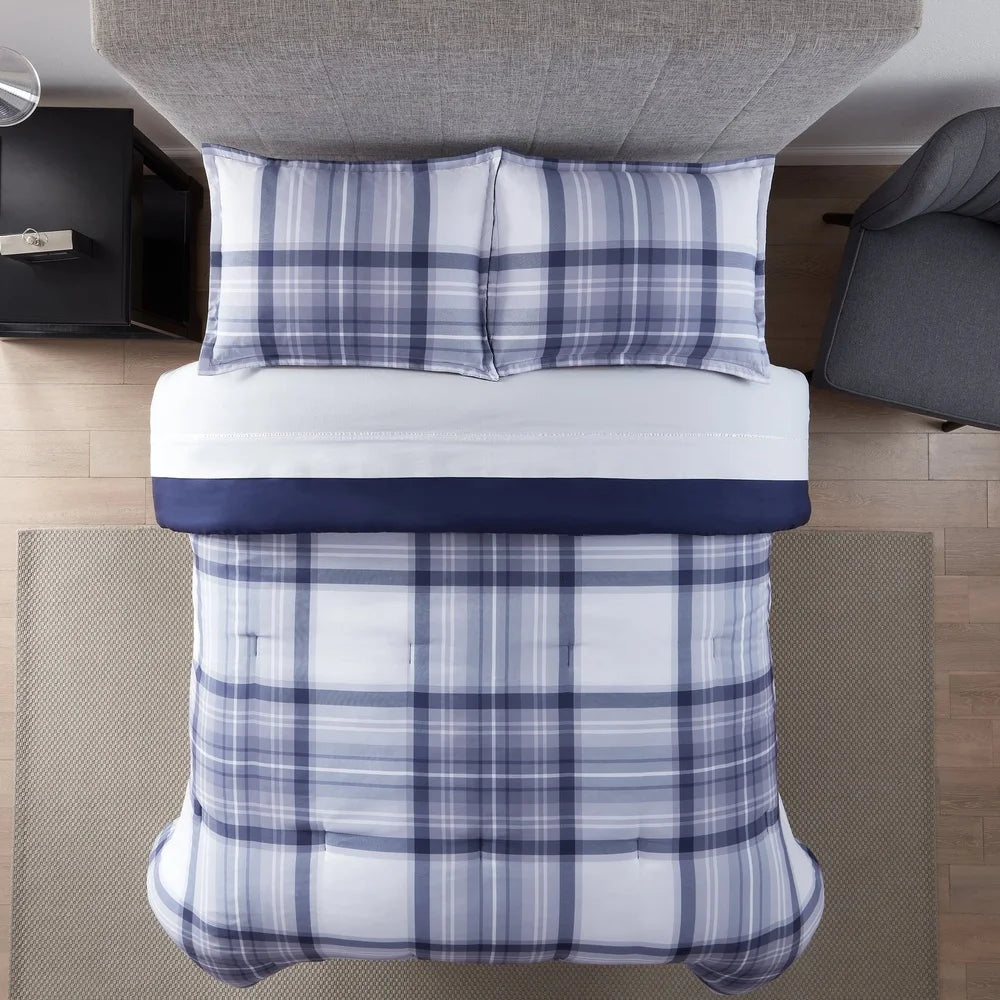 7-Piece Full Bedding Set, Antimicrobial, Stain Resistant, Hypoallergenic Polyester, Blue Plaid Bed-in-a-Bag Comforter Sheet