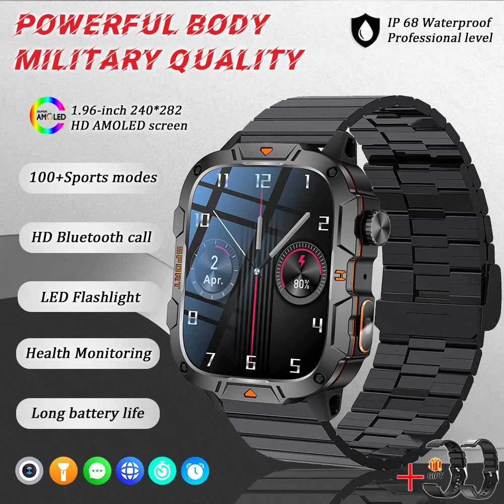 Military Grade Smart Watch Men, 1.96" AMOLED Screen, 5ATM Waterproof Sports Fitness Tracker