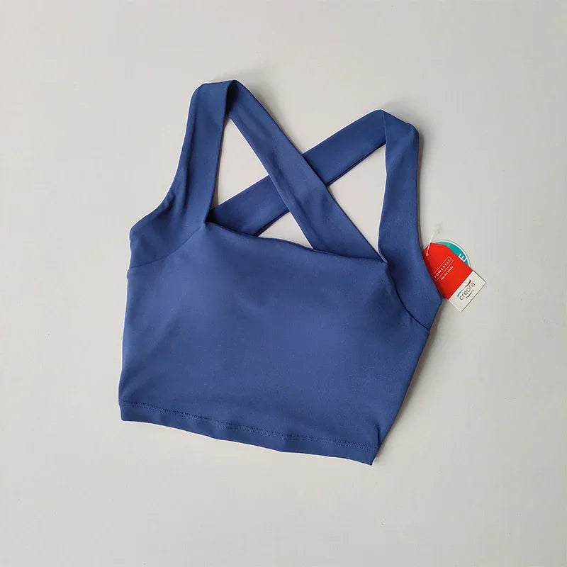 Seamless Cross Back Sports Bra, Wide Shoulder Straps, Shock-absorbing, Yoga Vest Top