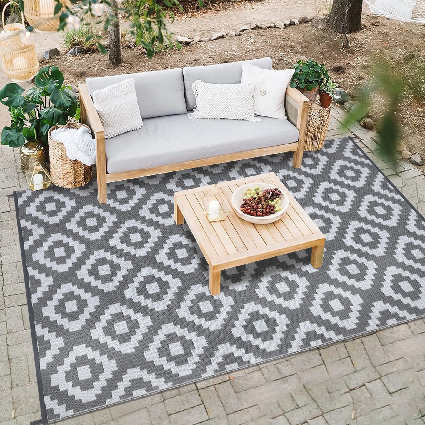 Outdoor, Plastic Straw Rug, Modern Geometric, Waterproof, Reversible Floor Mat