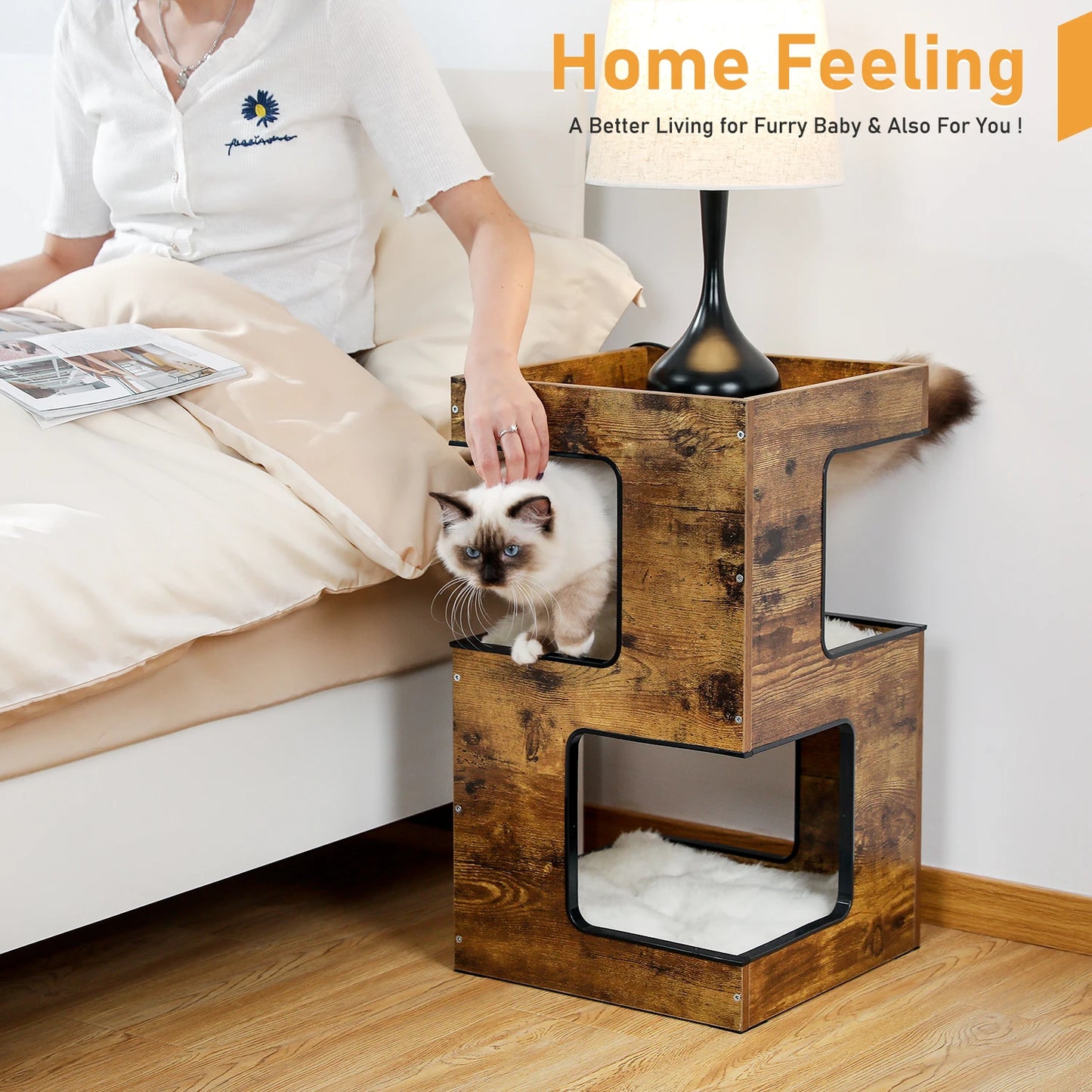 Cat Bed with Two Large Condos, Detachable Scratching Pad, Wooden with Plush Mats