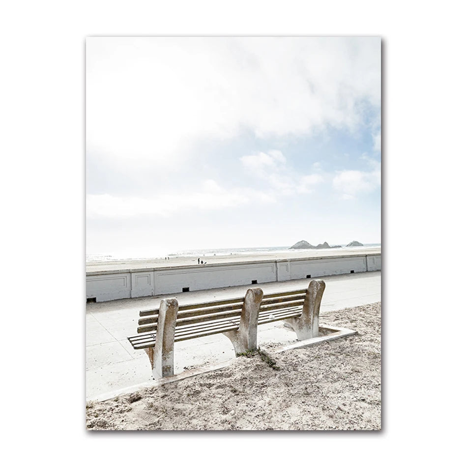 Beach Sea Ocean Canvas Wall Art Poster, Bridge Leaves Turtle Seagull Print Painting, Vibrant Summer Picture