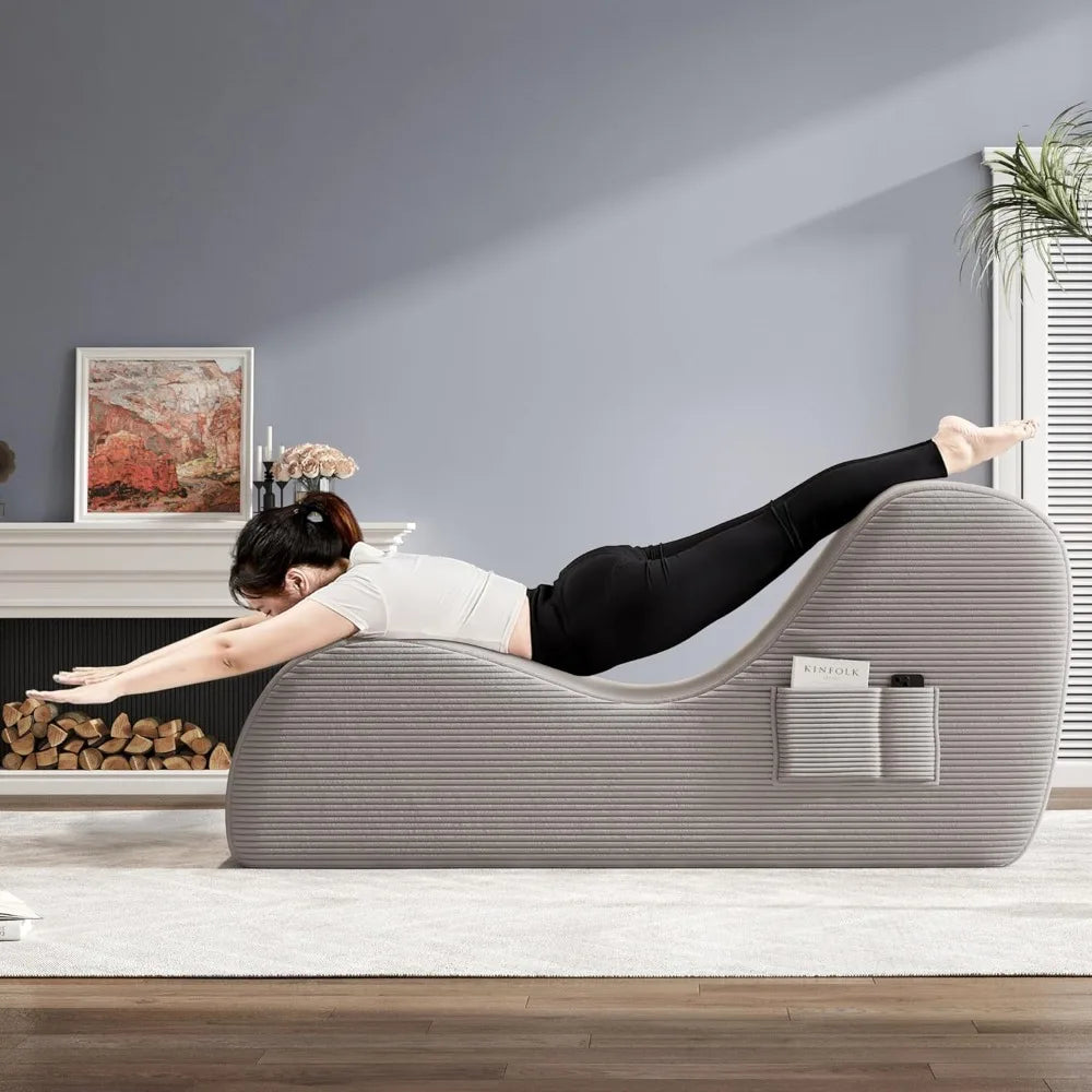 Yoga Chairs for Adults, Ergonomic Chaise Lounge Chair, Side Pocket, Lumbar Pillow, Ottoman
