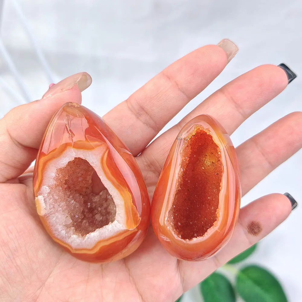 Natural Carnelian Geode Egg Gemstone, Red Agate Mineral Cavern Design