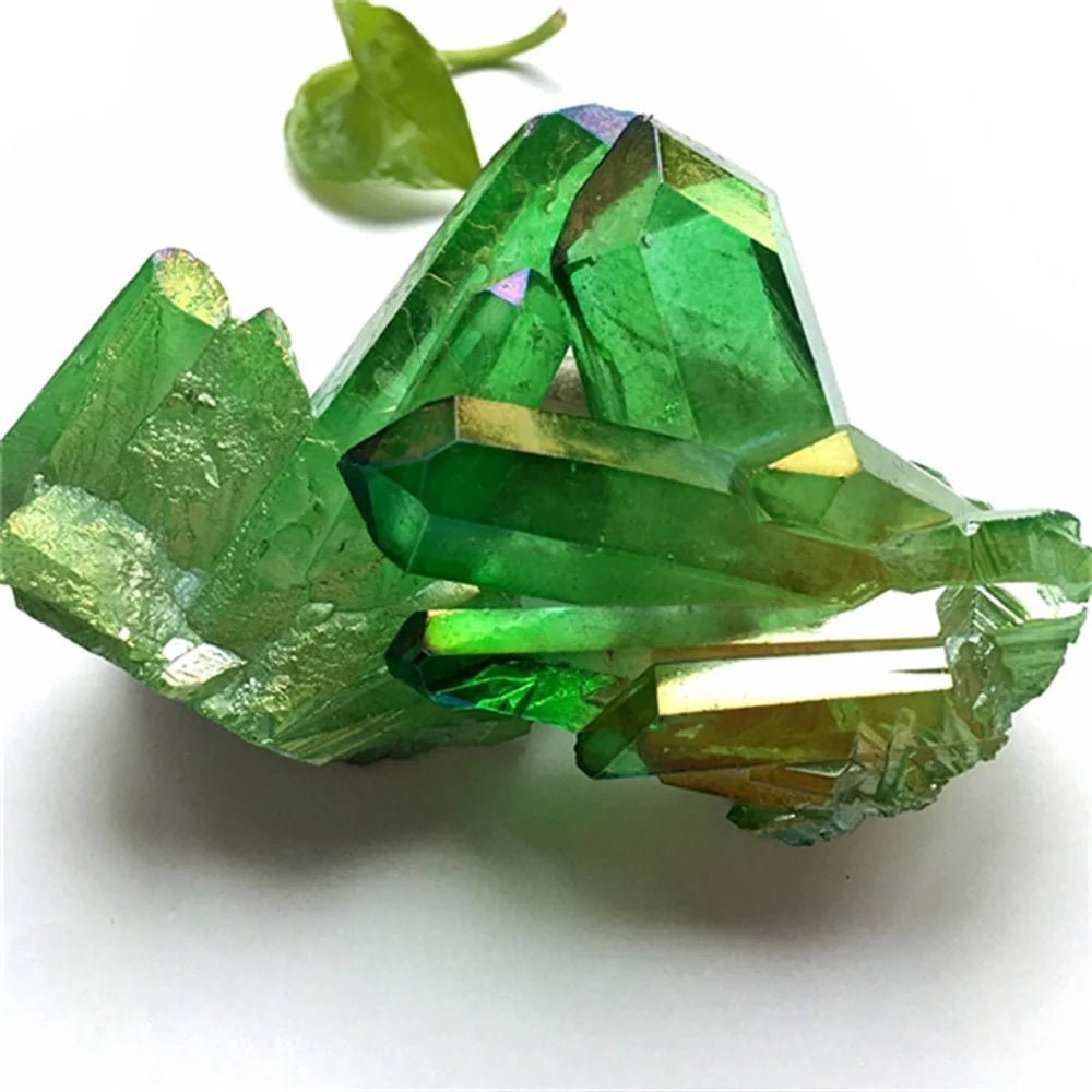 1x Natural Aura Green Titanium Gemstone Quartz Crystal Cluster Specimen Healing