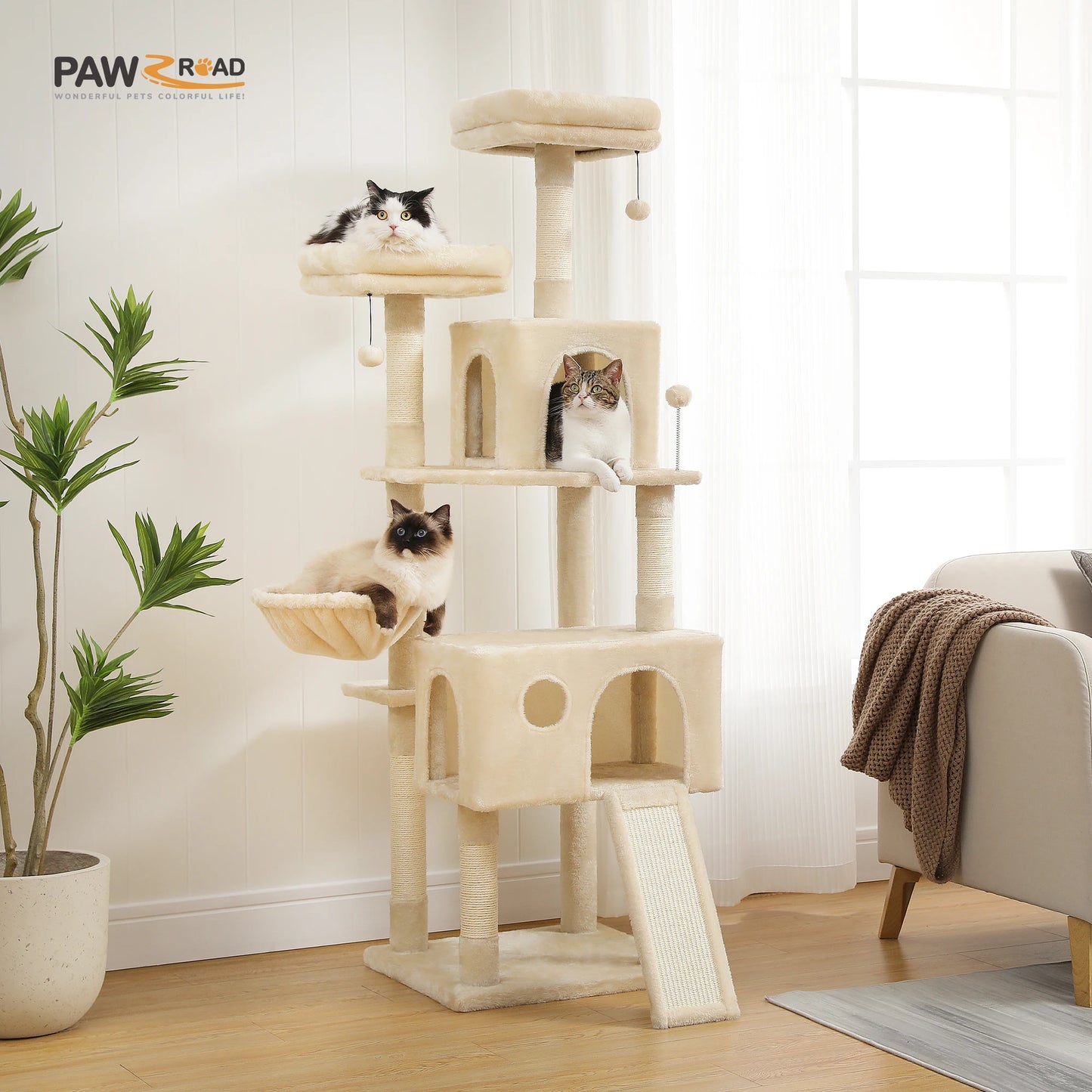 Multi-Level Tree for Cats, Large, Comfortable Condo, Stable Climbing Frame, Scratch Board
