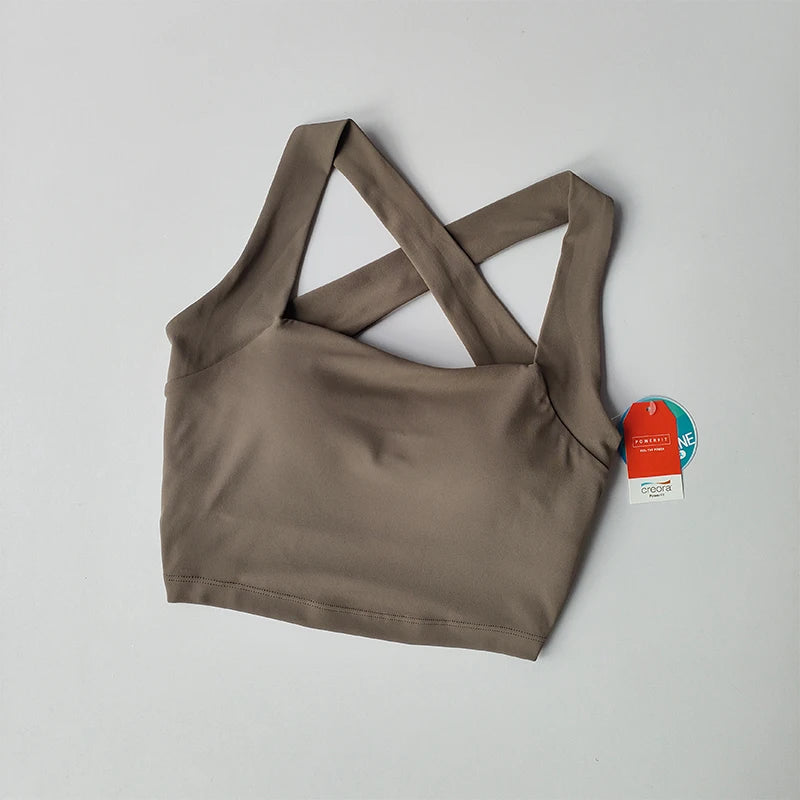 Seamless Cross Back Sports Bra, Wide Shoulder Straps, Shock-absorbing, Yoga Vest Top