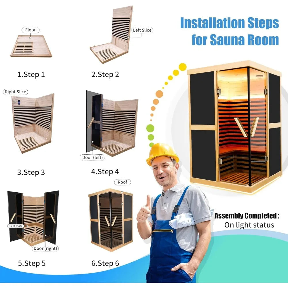Infrared Indoor Dry Sauna, 1980W Phototherapy Lamp, Canadian Fir Wood, 2-3 people, Bluetooth Speaker