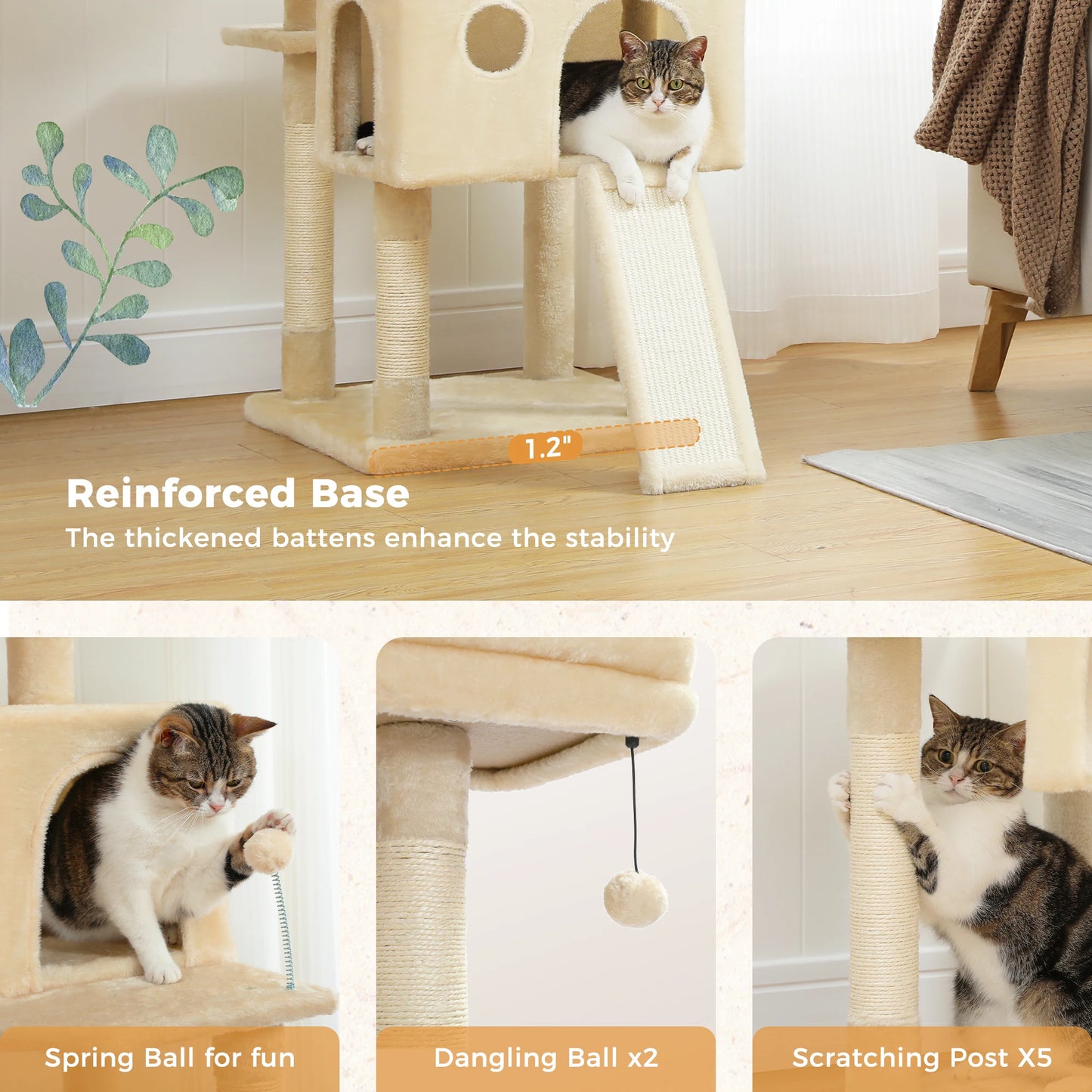 Multi-Level Tree for Cats, Large, Comfortable Condo, Stable Climbing Frame, Scratch Board