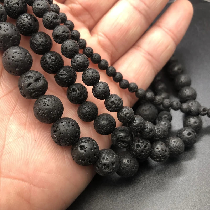 Natural Black/White Volcanic Lava Stone, Spacer Rock, Round Loose Beads For Jewelry Making