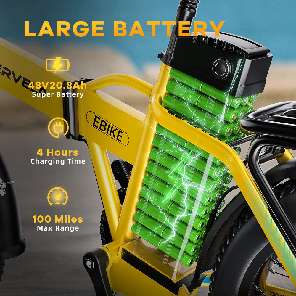 1000W Folding Electric Bike, 48V 20AH Large Removable Battery, 30+MPH, 80 Miles Max Range, 20" Fat Tire