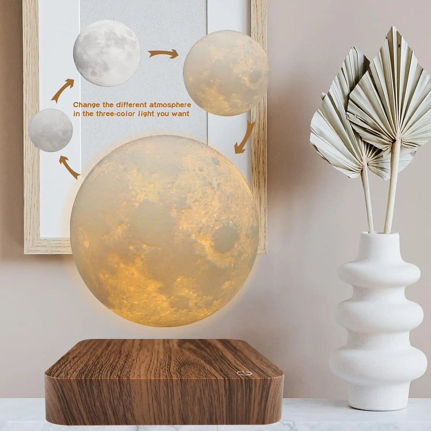 Magnetic Floating Rotating Moon Lamp, Wooden Base, 3 Color Temperature LED Night Lights