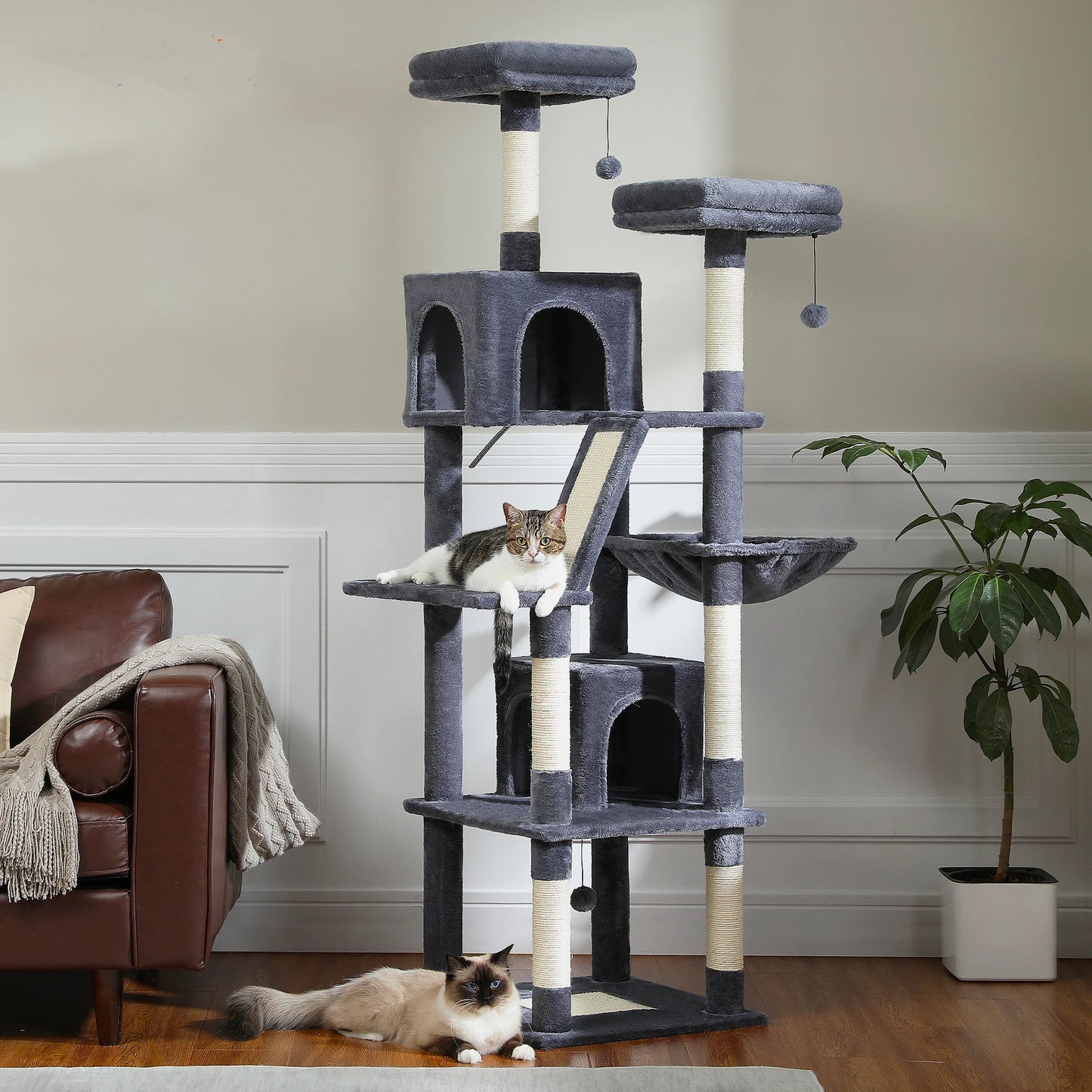 Tall Cat Tower for Indoor Cats, Multi-Level Plush Condo with Scratching Posts, Perches, Caves