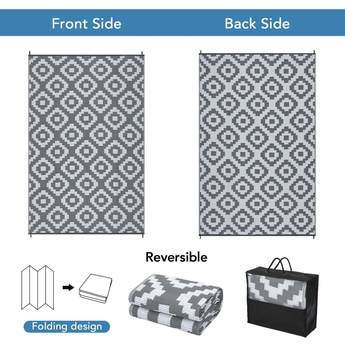 Outdoor, Plastic Straw Rug, Modern Geometric, Waterproof, Reversible Floor Mat